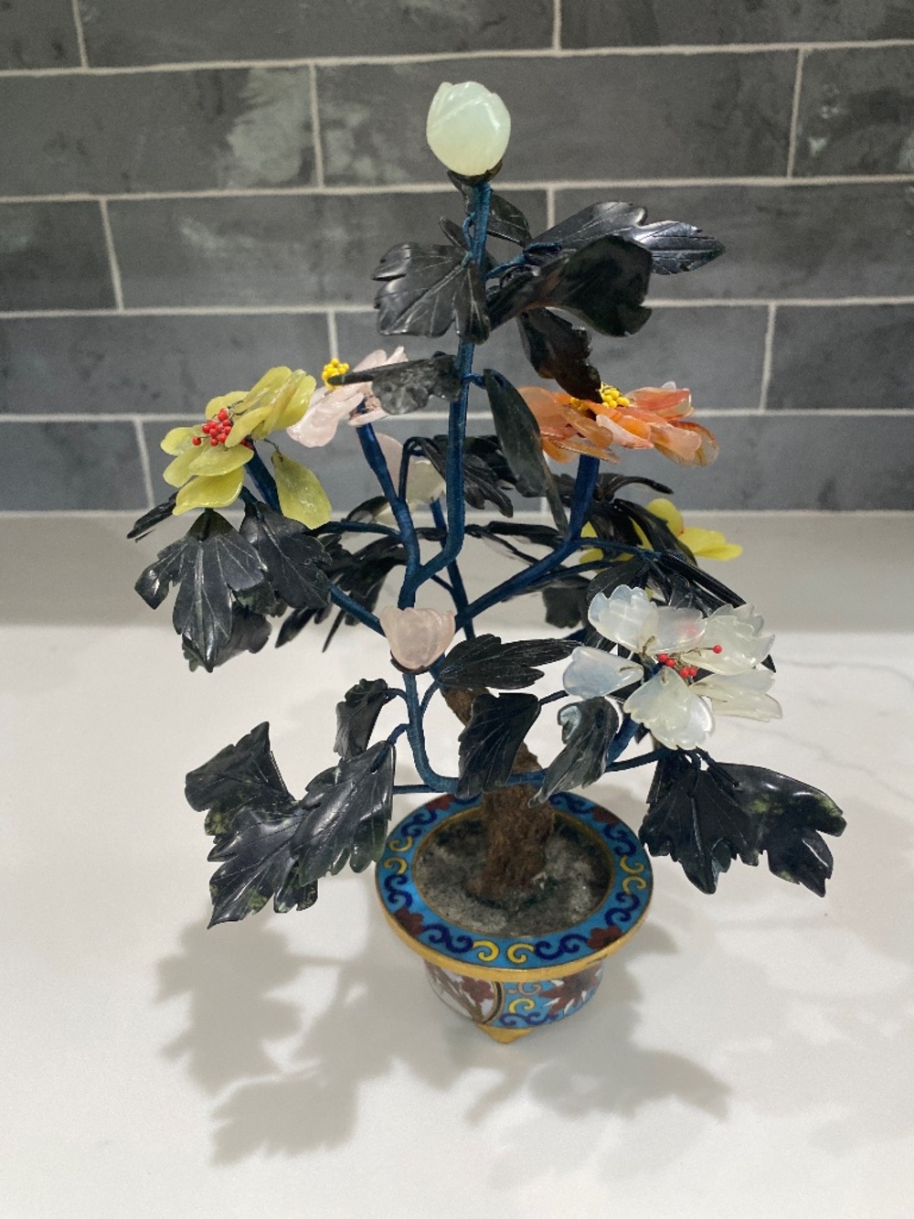 Vintage Chinese Carved Hardstone Flowering Bonsai in Pot